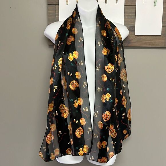 Halloween Black and Orange Pumpkins Jack O’ Lanterns, Candy Corn Polyester Scarf - Picture 1 of 15